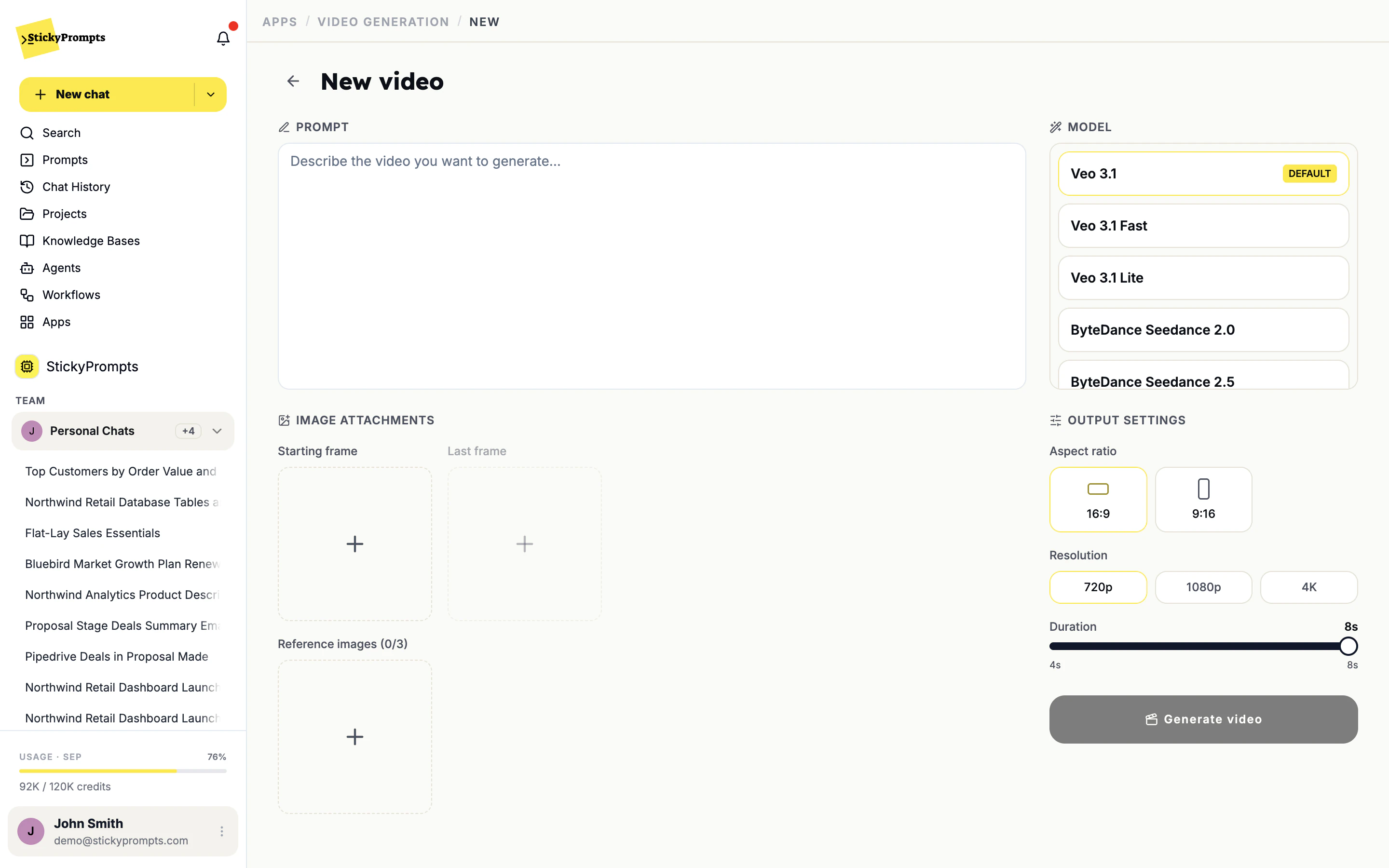 The New video screen: prompt, image attachments for starting frame, last frame and reference images, model list, and output settings