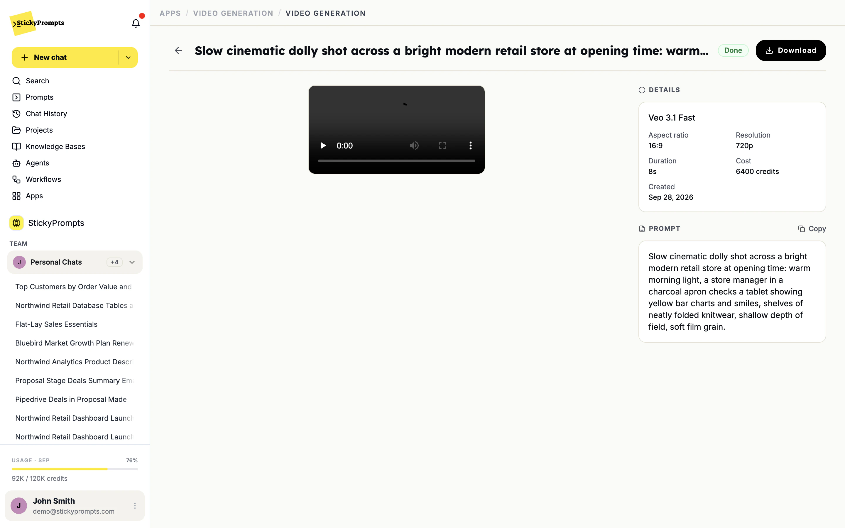A finished video with its details: Veo 3.1 Fast, 16:9, 720p, 8 seconds, cost, and the prompt with Copy