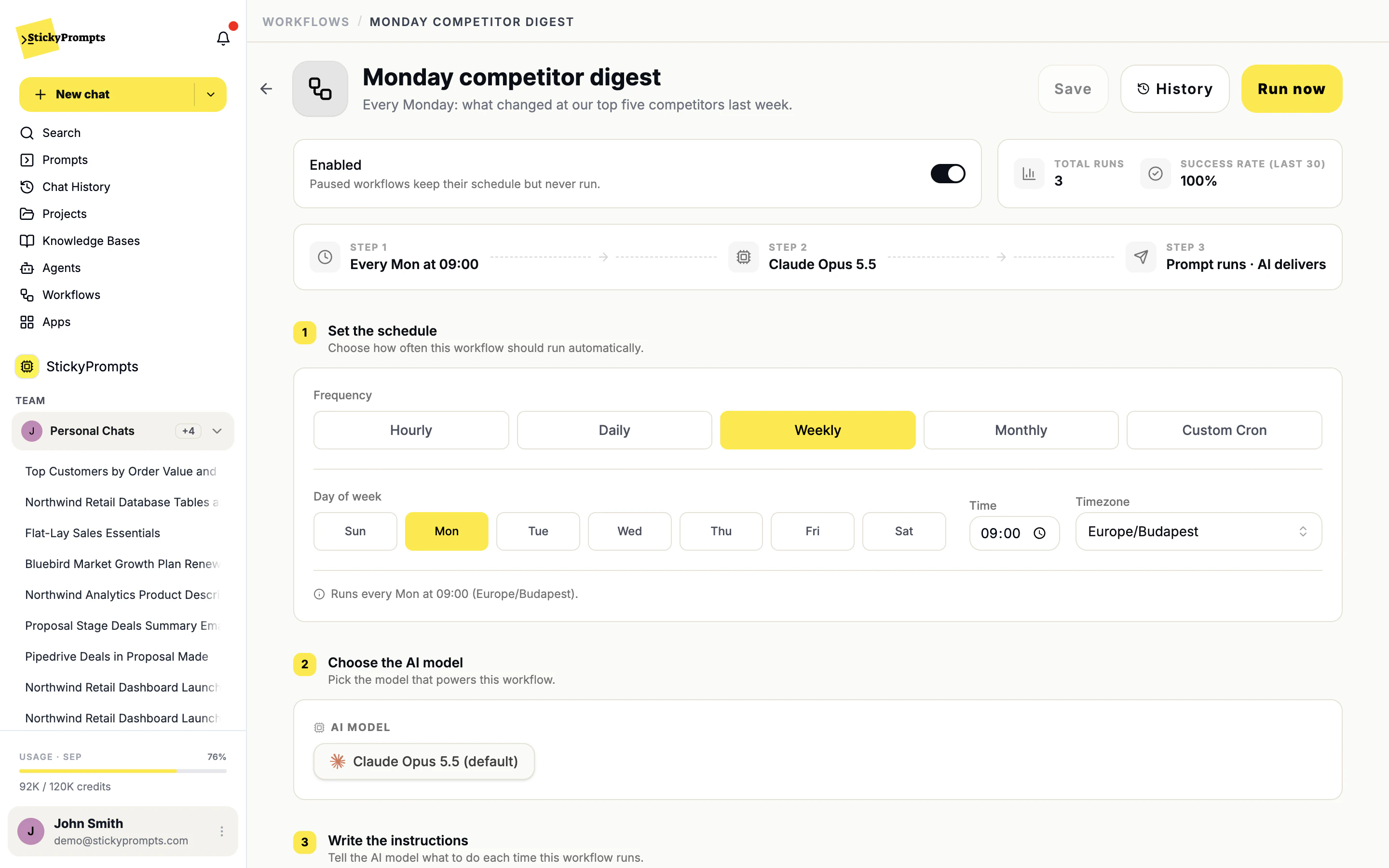 The workflow editor: Enabled toggle, run statistics, and step 1 with frequency, day of week, time and timezone