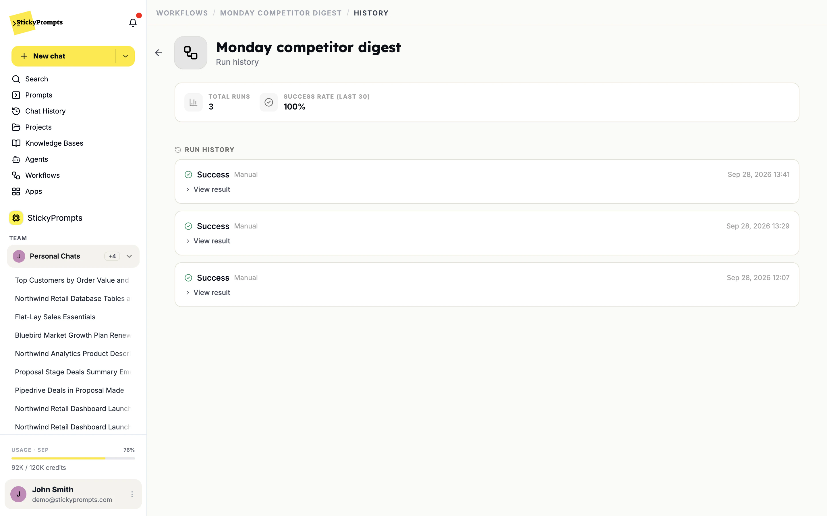Run history for Monday competitor digest: three successful manual runs, each with View result
