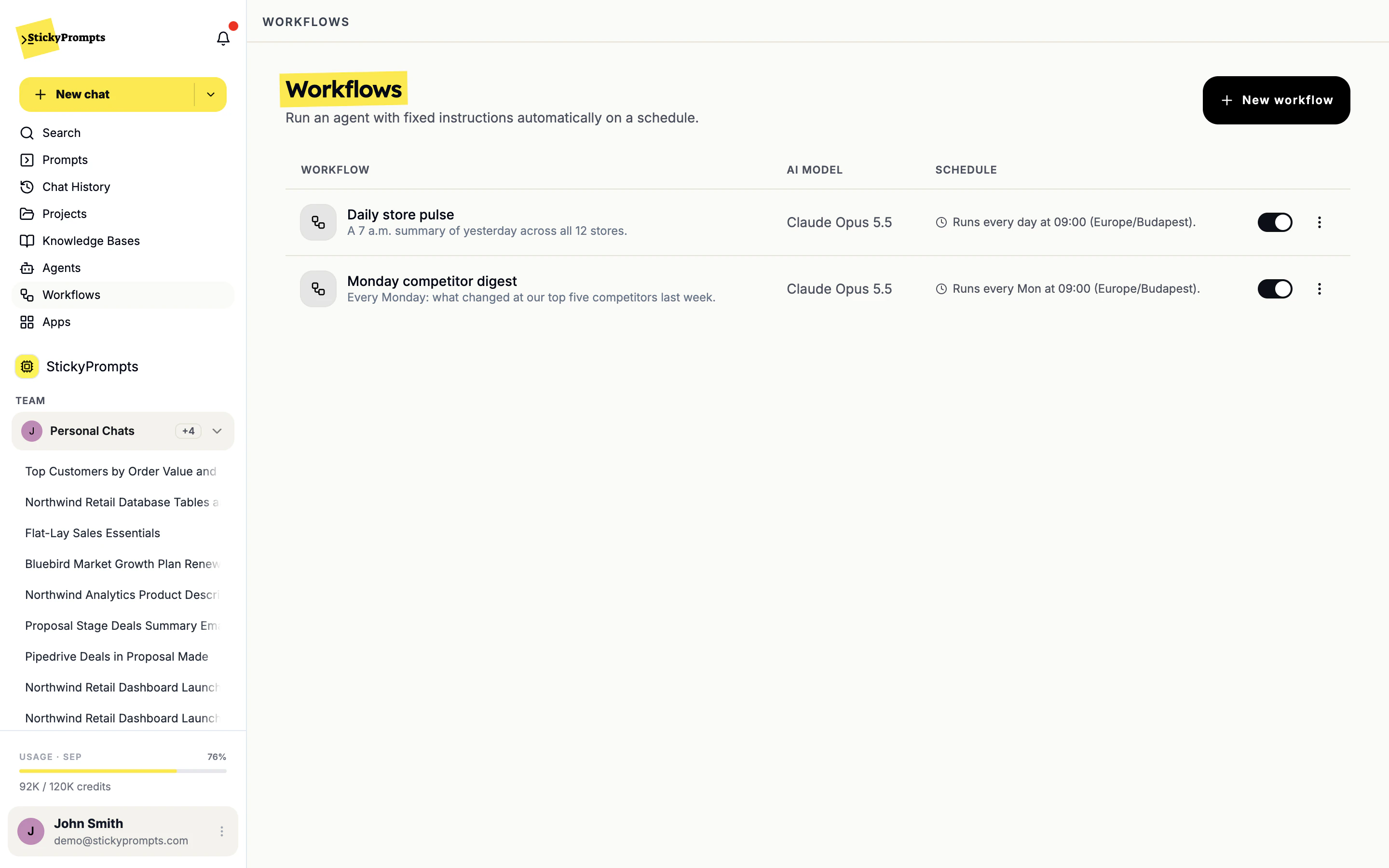 The Workflows list with Daily store pulse and Monday competitor digest, each with model, schedule and an enable toggle