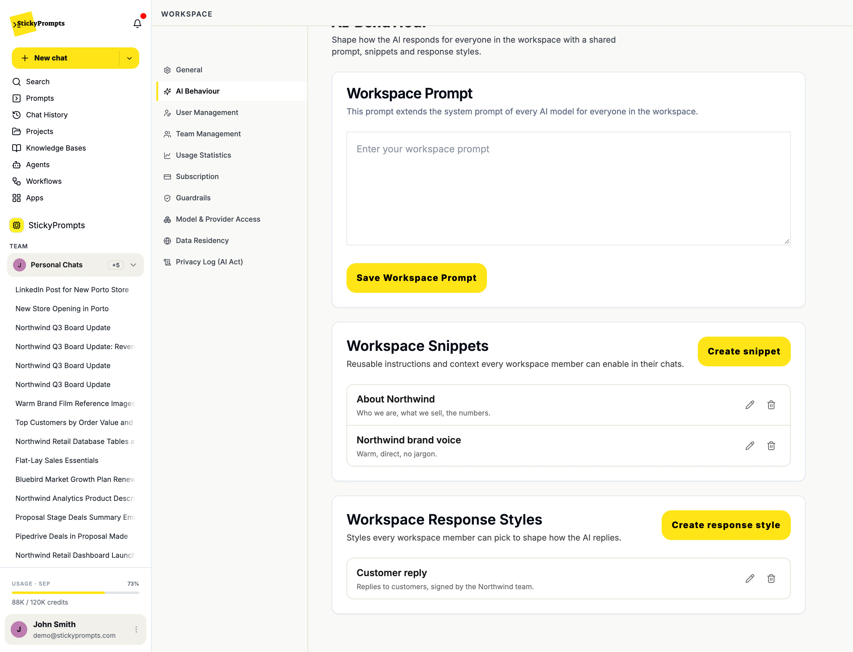 The AI Behaviour tab of the Demo Inc. workspace: an empty Workspace Prompt with Save Workspace Prompt, Workspace Snippets with About Northwind and Northwind brand voice, and Workspace Response Styles with Customer reply