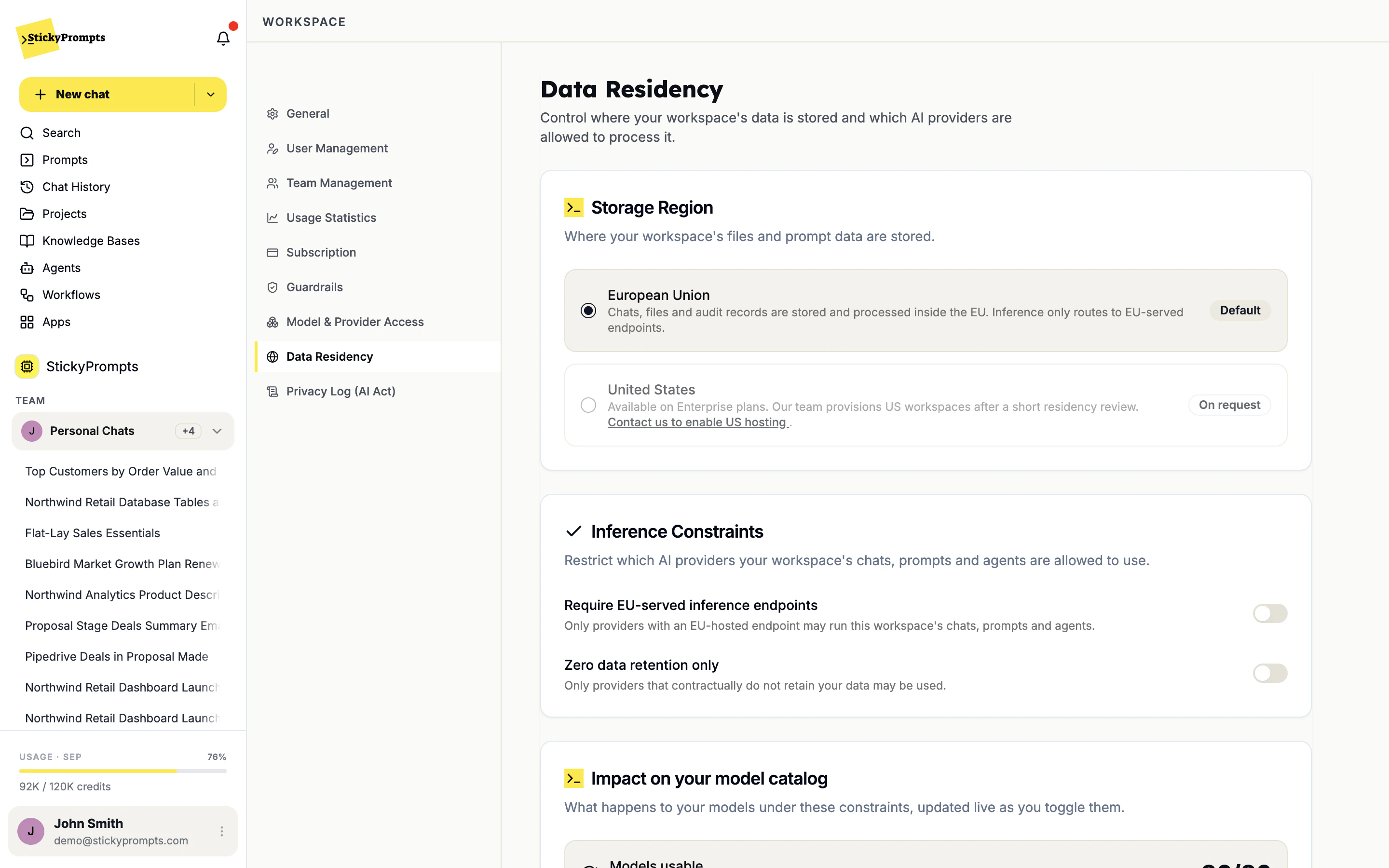 The Data Residency tab: Storage Region with European Union selected as default and United States on request, Inference Constraints with two switches, and the start of Impact on your model catalog