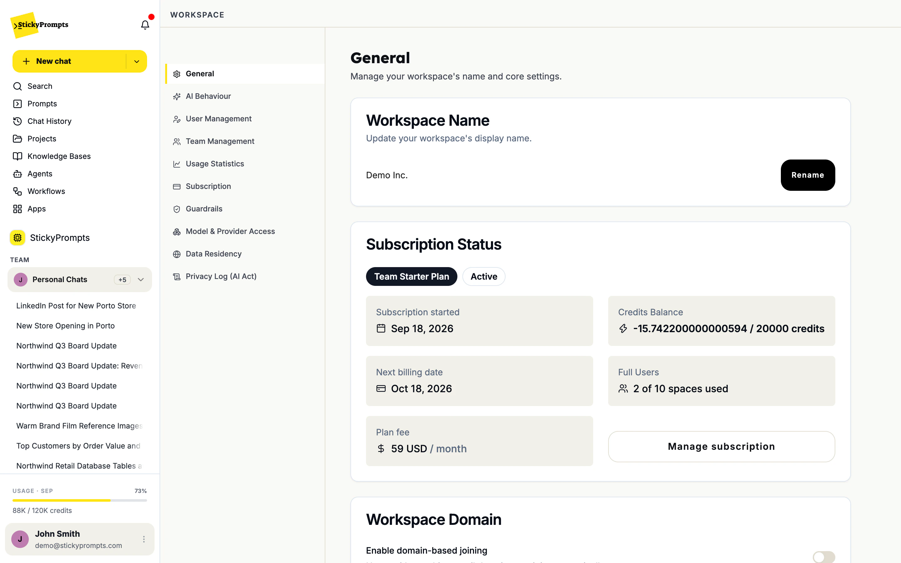 The General tab of the Demo Inc. workspace: Workspace Name with Rename, and the Subscription Status card