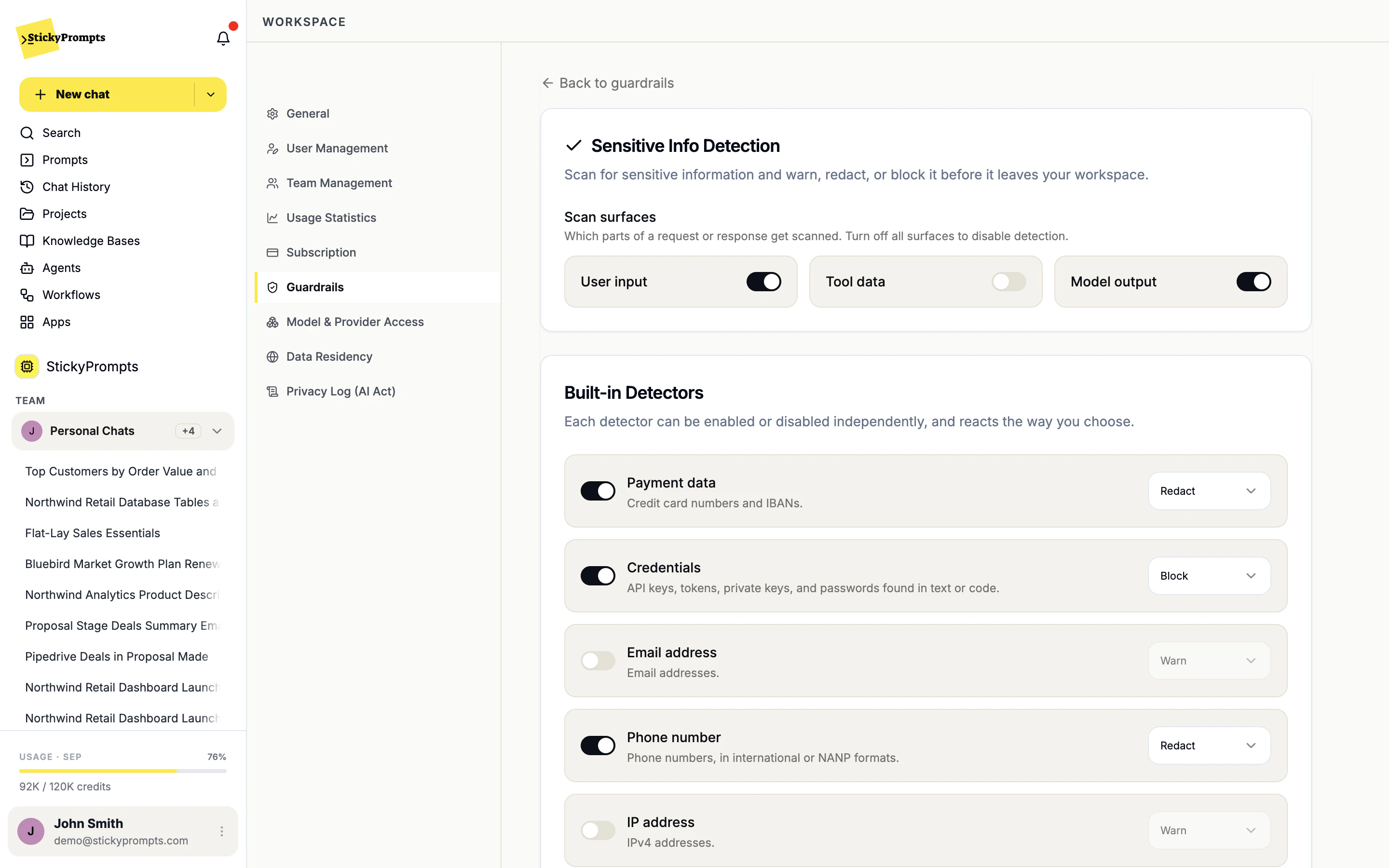 Sensitive Info Detection settings: scan surfaces User input, Tool data and Model output, and built-in detectors with Payment data set to Redact, Credentials to Block, Phone number to Redact, Email address and IP address switched off