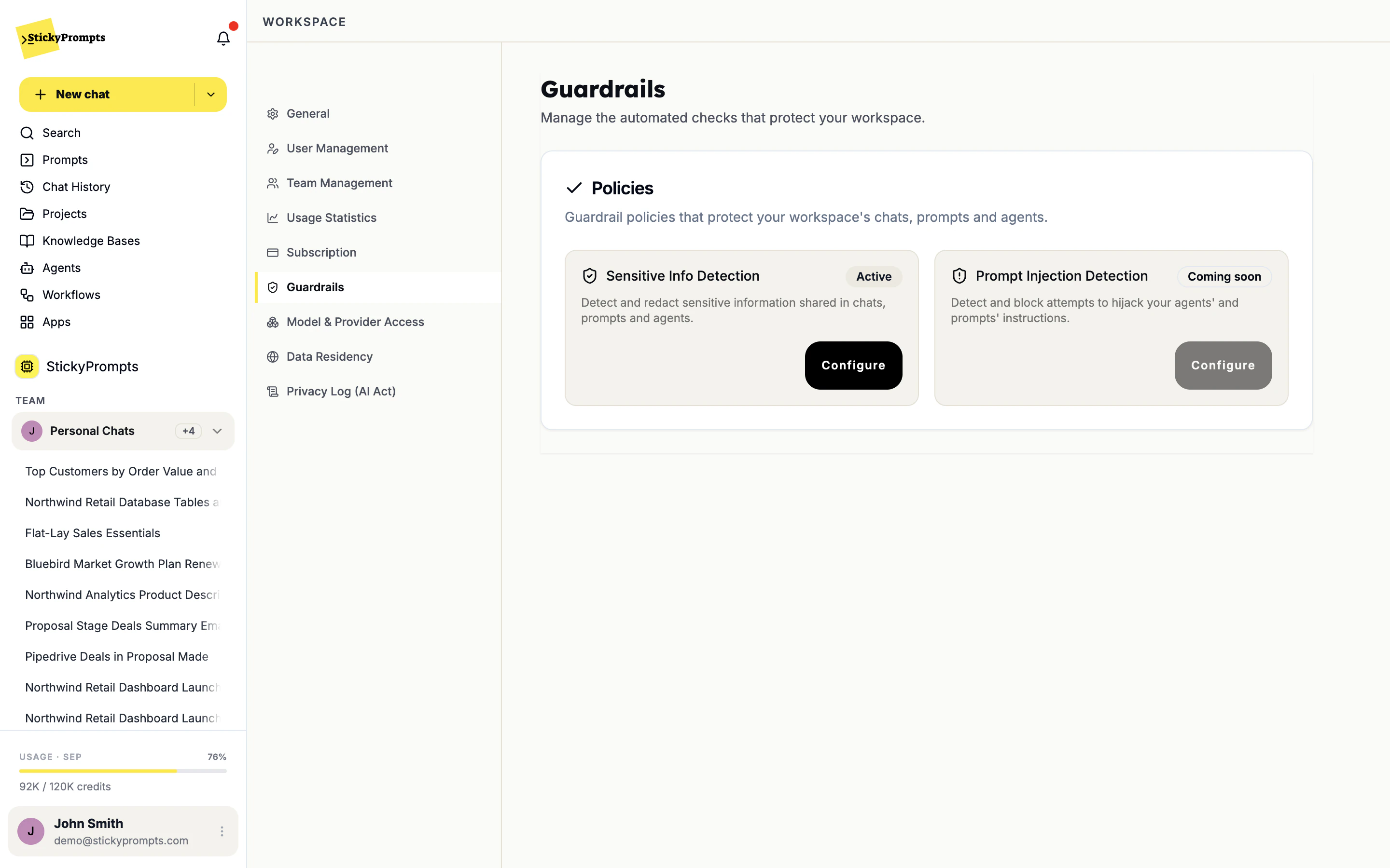 The Guardrails tab with Sensitive Info Detection marked Active and Prompt Injection Detection marked Coming soon