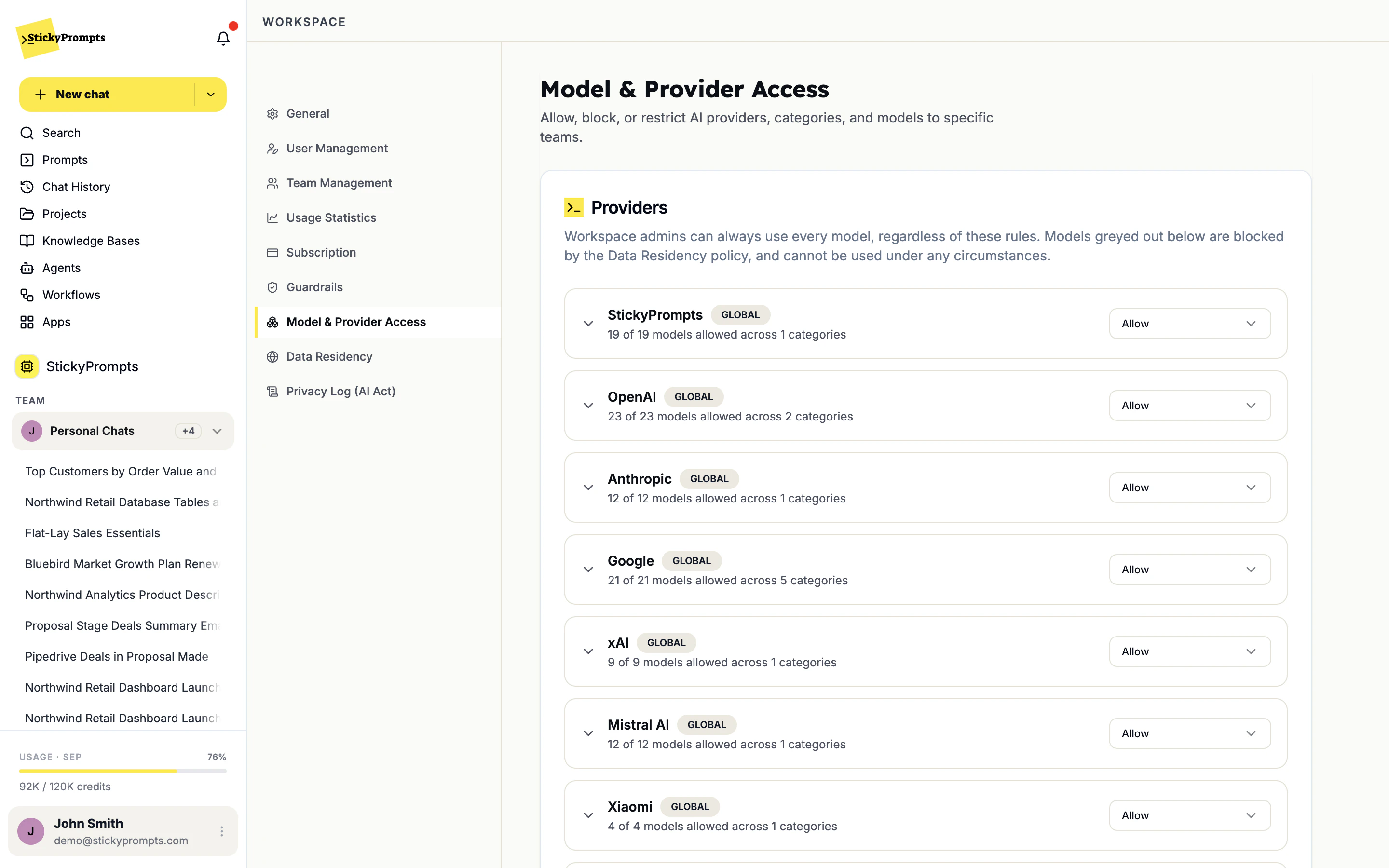 Model & Provider Access with providers StickyPrompts, OpenAI, Anthropic, Google, xAI, Mistral AI and Xiaomi, each marked Global with all their models allowed and set to Allow