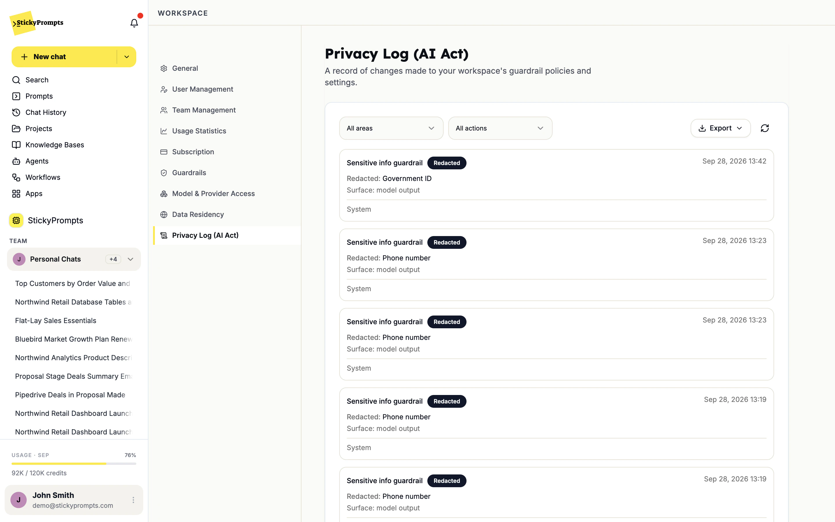 The Privacy Log (AI Act) with filters for areas and actions, an Export button, and entries showing the sensitive info guardrail redacting a Government ID and phone numbers from model output