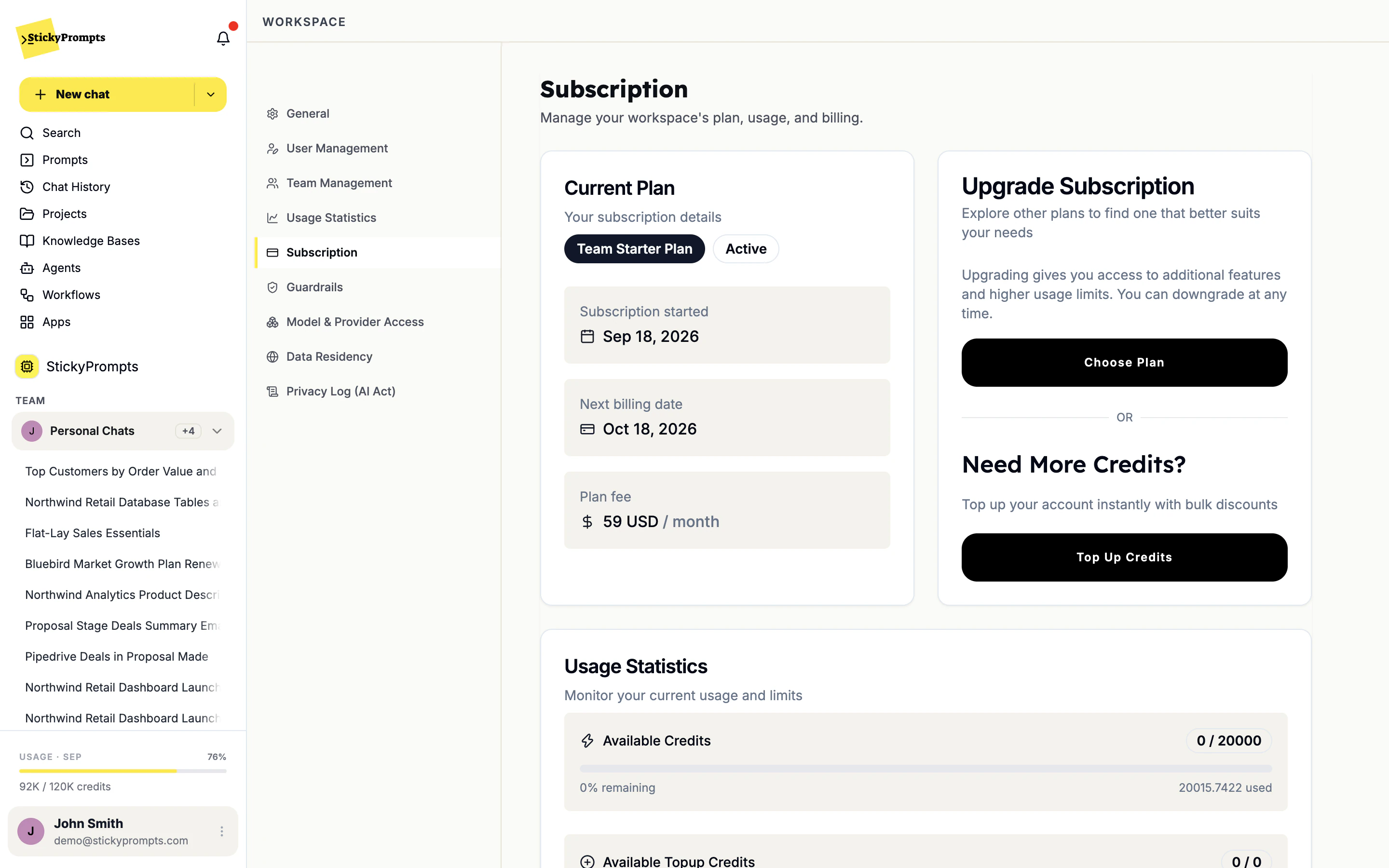 The Subscription tab with Upgrade Subscription and its Choose Plan button, and Need More Credits with Top Up Credits