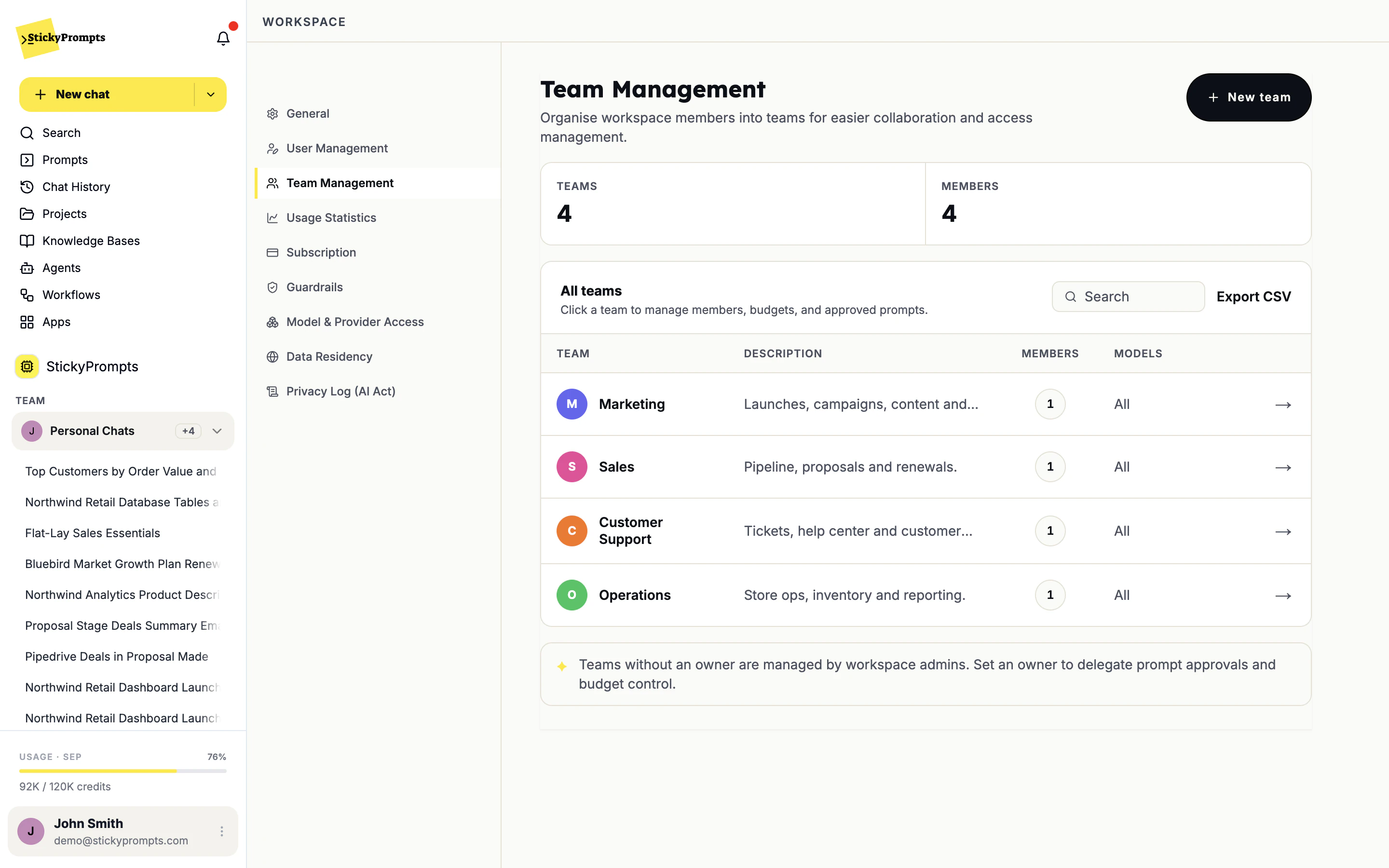 Team Management listing the Marketing, Sales, Customer Support and Operations teams with New team