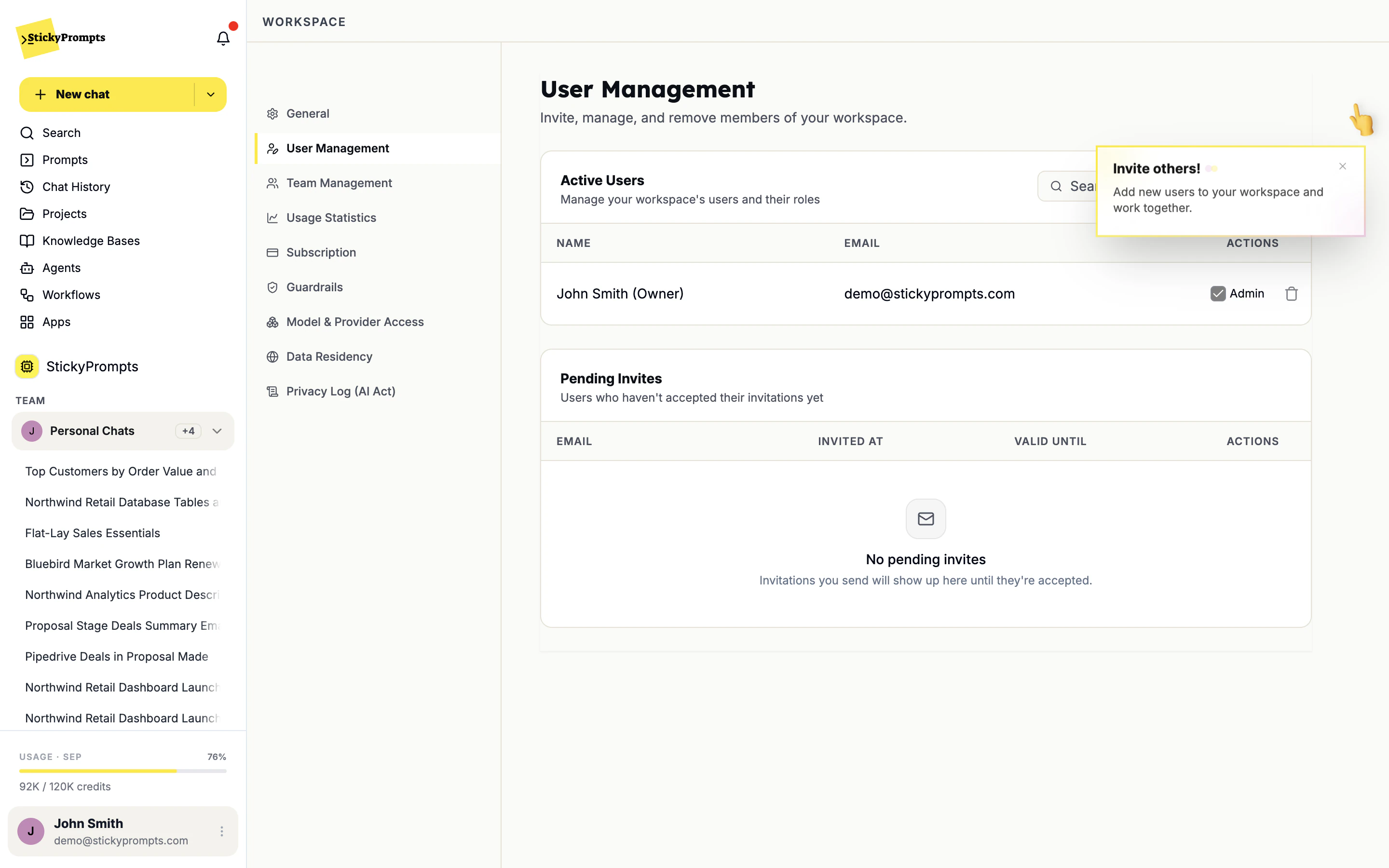 User Management with John Smith listed as Owner and Admin under Active Users, and an empty Pending Invites table